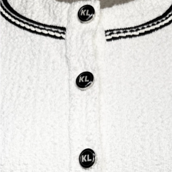 Karl Lagerfeld White Bouclé Jacket Contrast Trim & Logo Buttons, Chanel Style - Picture 6 of 11